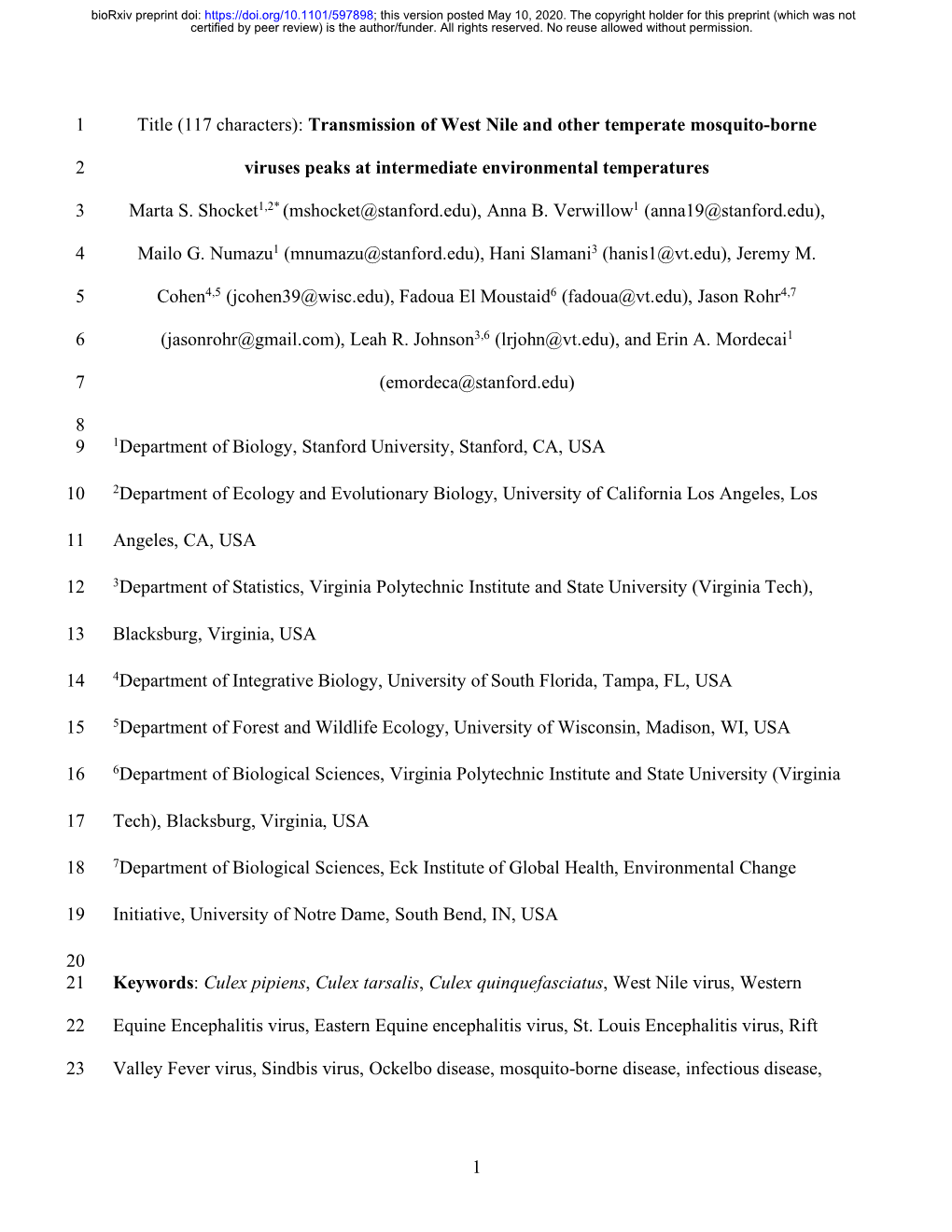 Transmission of West Nile and Other Temperate Mosquito-Borne 1