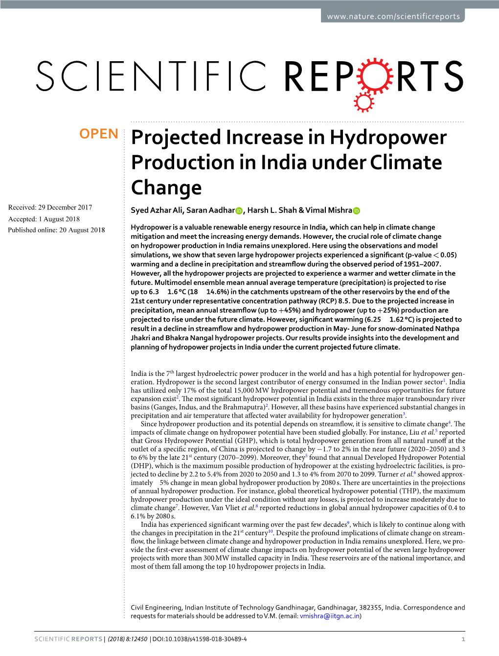 Projected Increase in Hydropower Production in India Under Climate Change Received: 29 December 2017 Syed Azhar Ali, Saran Aadhar , Harsh L