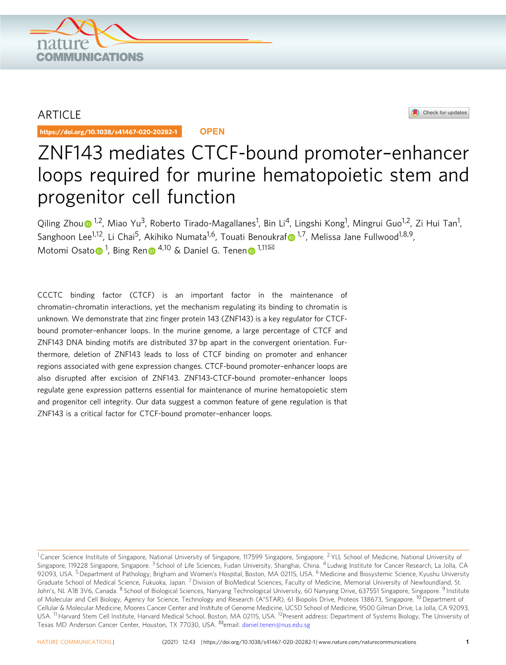 ZNF143 Mediates CTCF-Bound Promoterâ