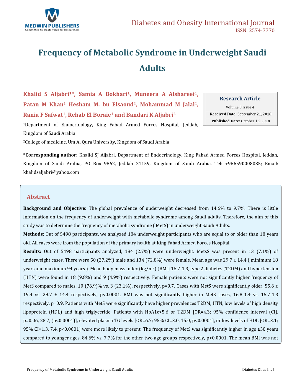 Khalid S Aljabri, Et Al. Frequency of Metabolic Syndrome in Underweight Copyright© Khalid S Aljabri, Et Al