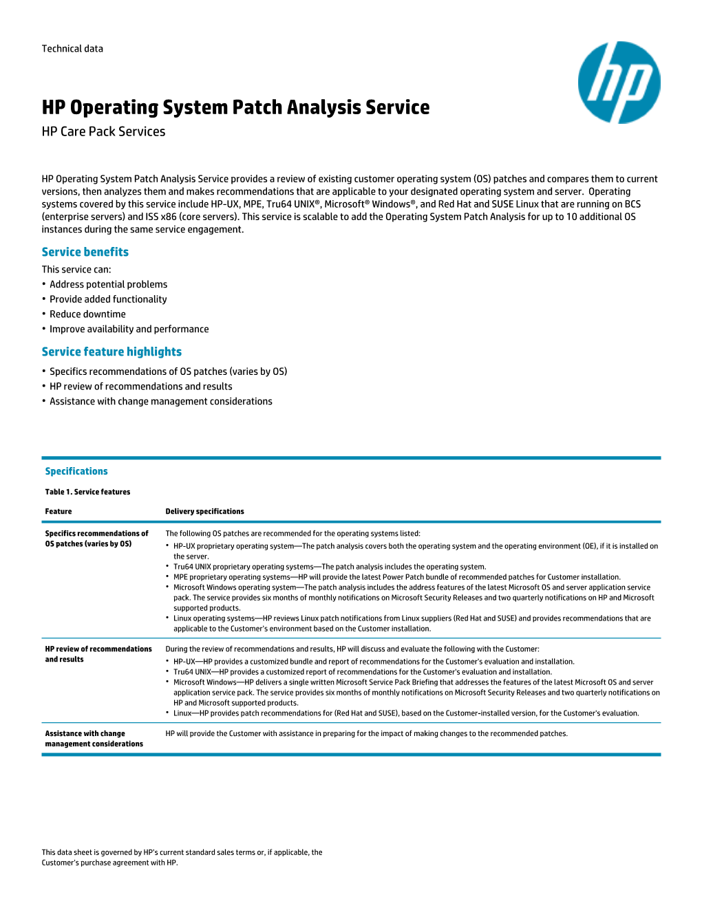 HP Operating System Patch Analysis Service Data Sheet