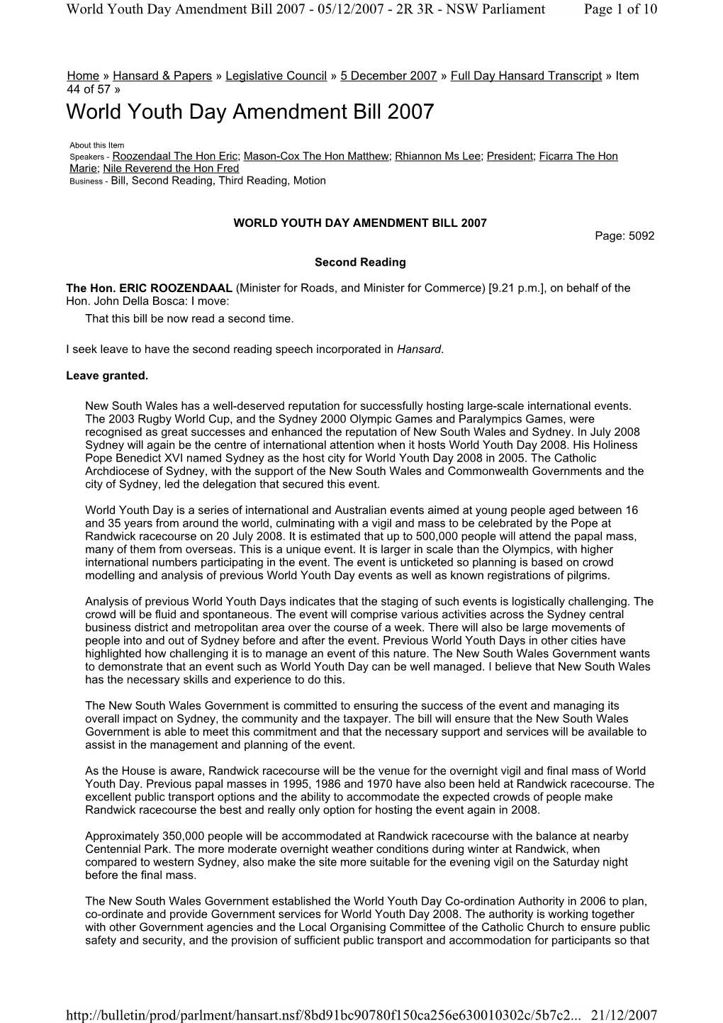 World Youth Day Amendment Bill 2007 - 05/12/2007 - 2R 3R - NSW Parliament Page 1 of 10