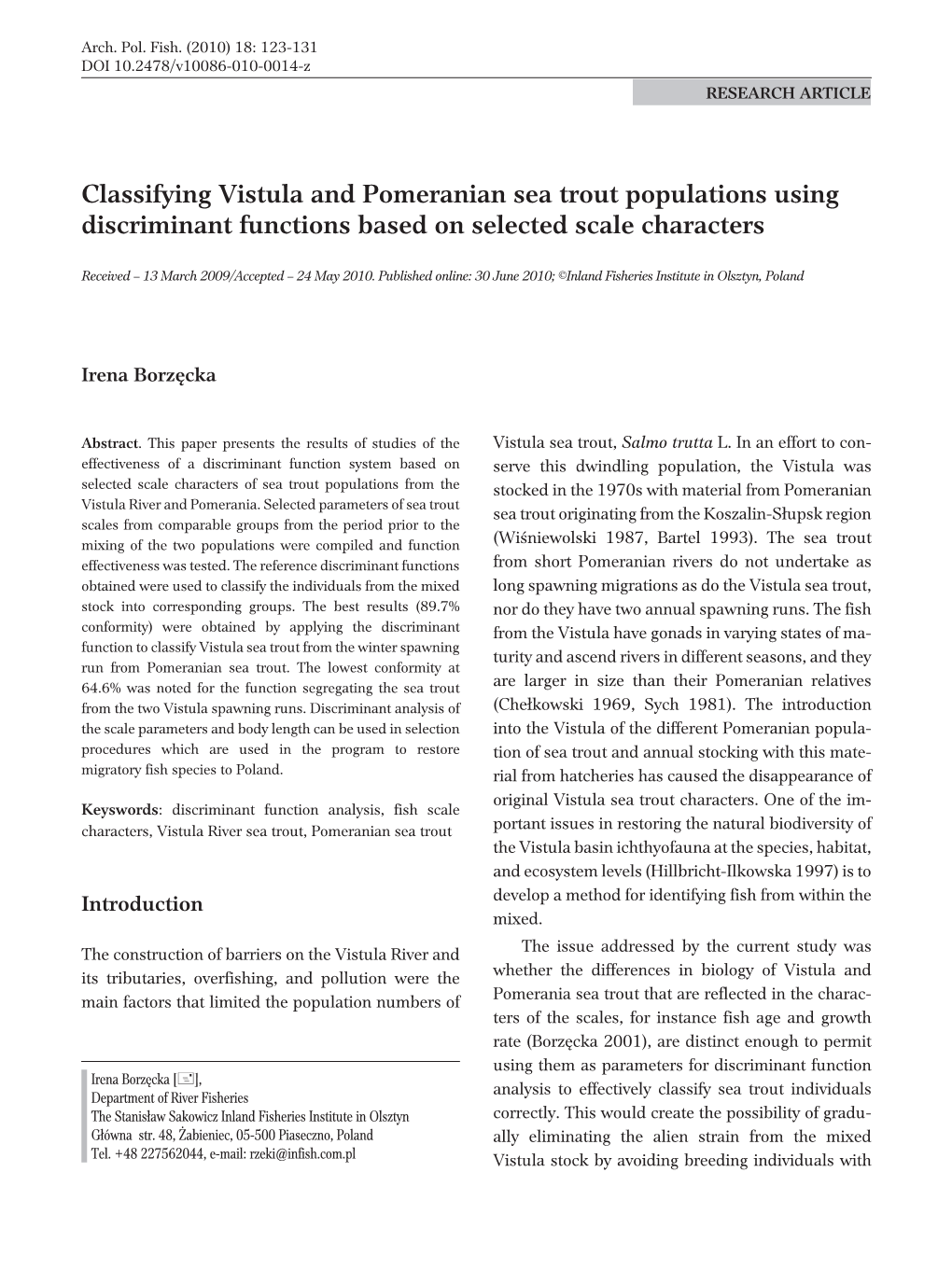 Classifying Vistula and Pomeranian Sea Trout Populations Using Discriminant Functions Based on Selected Scale Characters