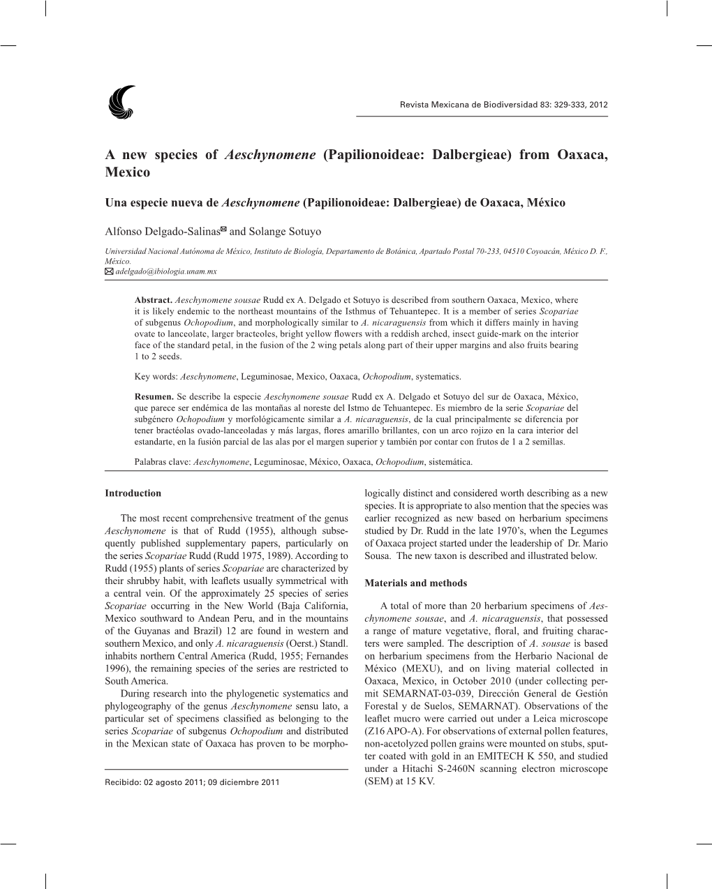 A New Species of Aeschynomene (Papilionoideae: Dalbergieae) from Oaxaca, Mexico