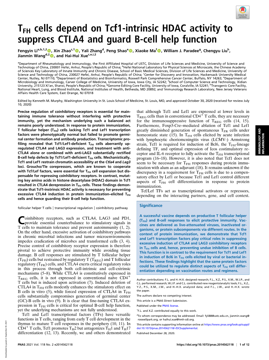 TFH Cells Depend on Tcf1-Intrinsic HDAC Activity to Suppress CTLA4 and Guard B-Cell Help Function