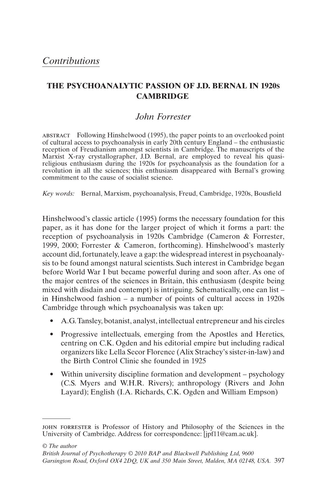 The Psychoanalytic Passion of JD Bernal in 1920S Cambridge