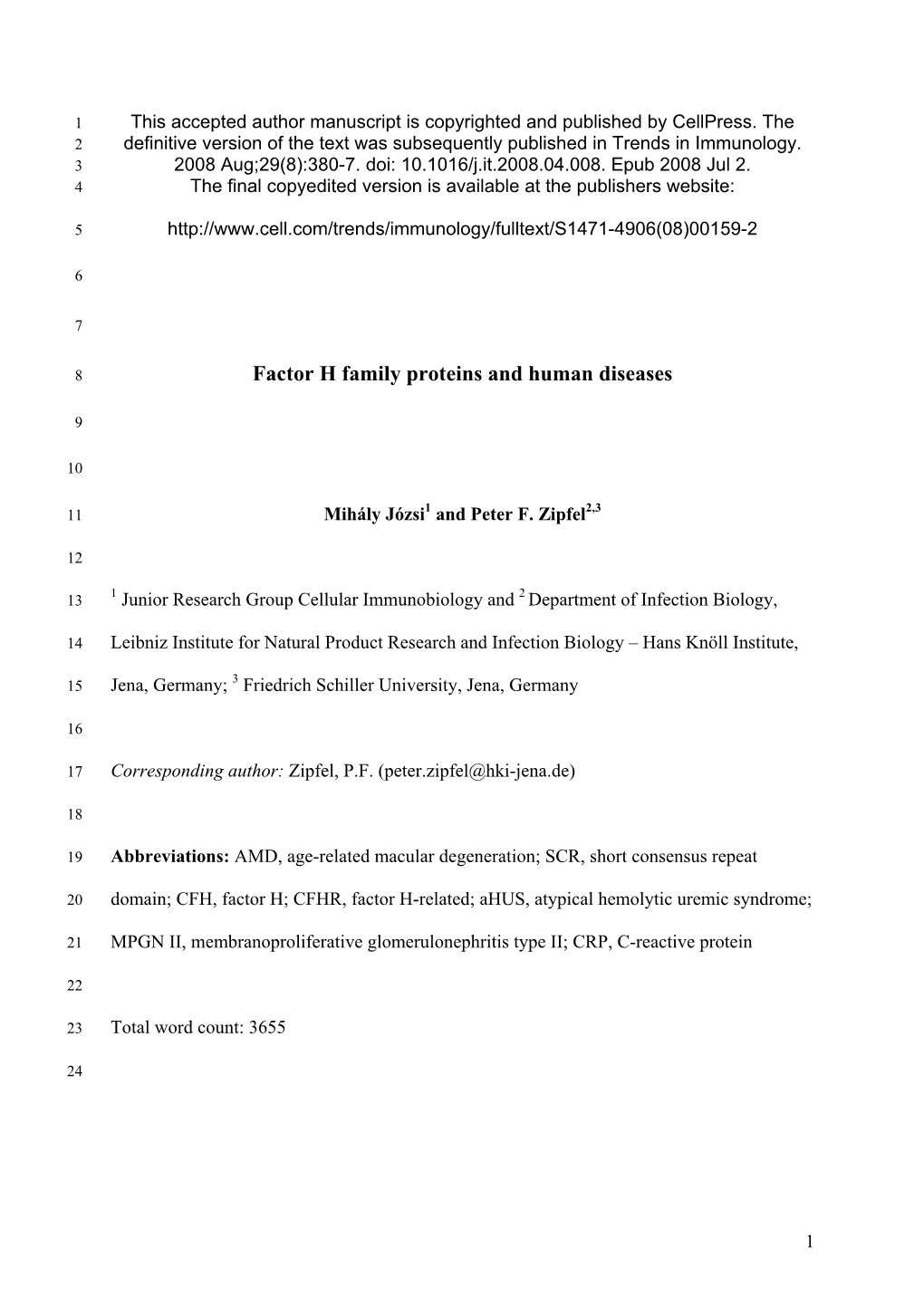 Factor H Family Proteins and Human Diseases