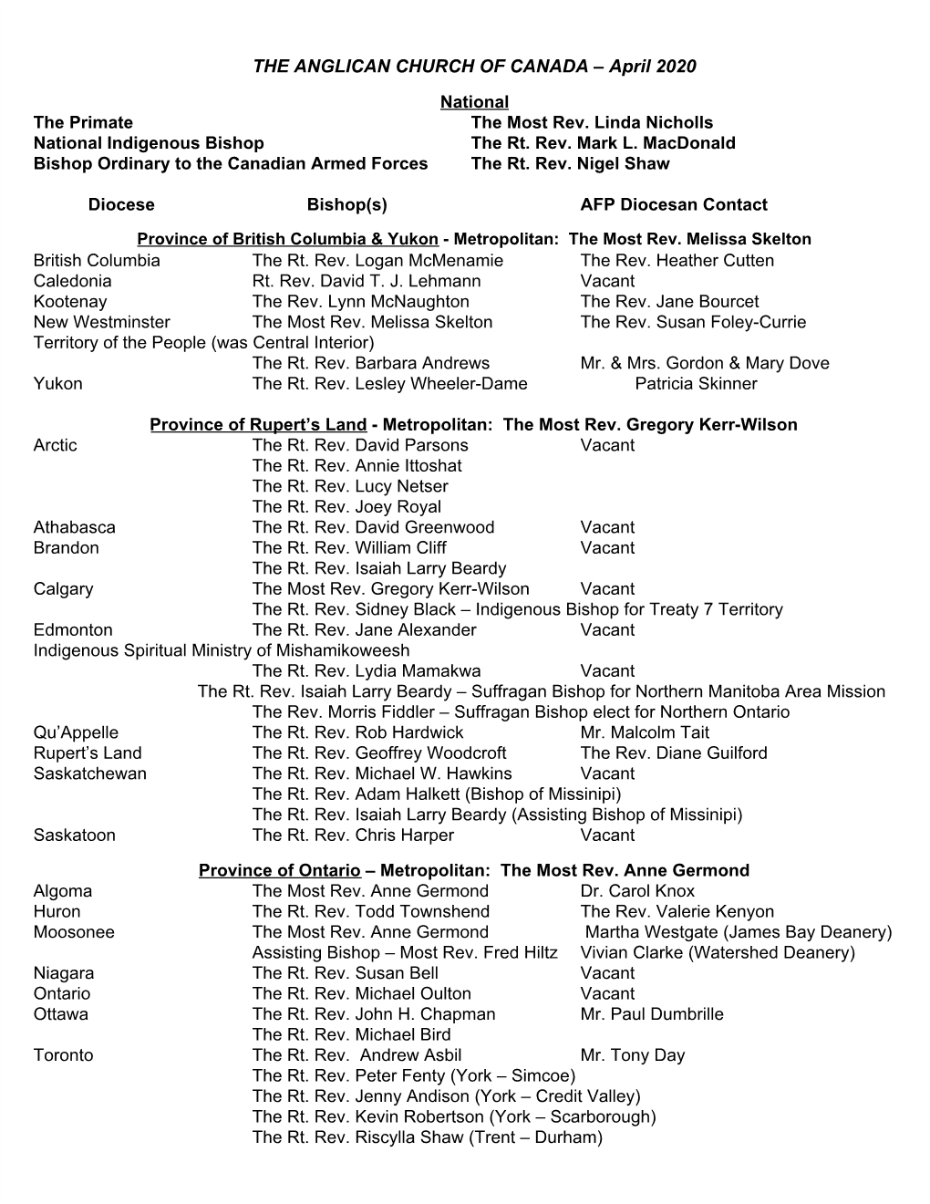 THE ANGLICAN CHURCH of CANADA – April 2020