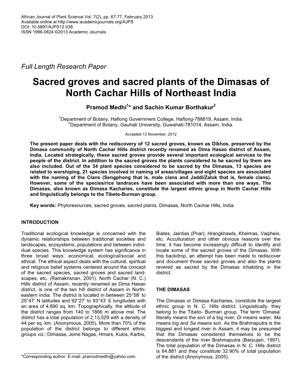 Sacred Groves and Sacred Plants of the Dimasas of North Cachar Hills of Northeast India