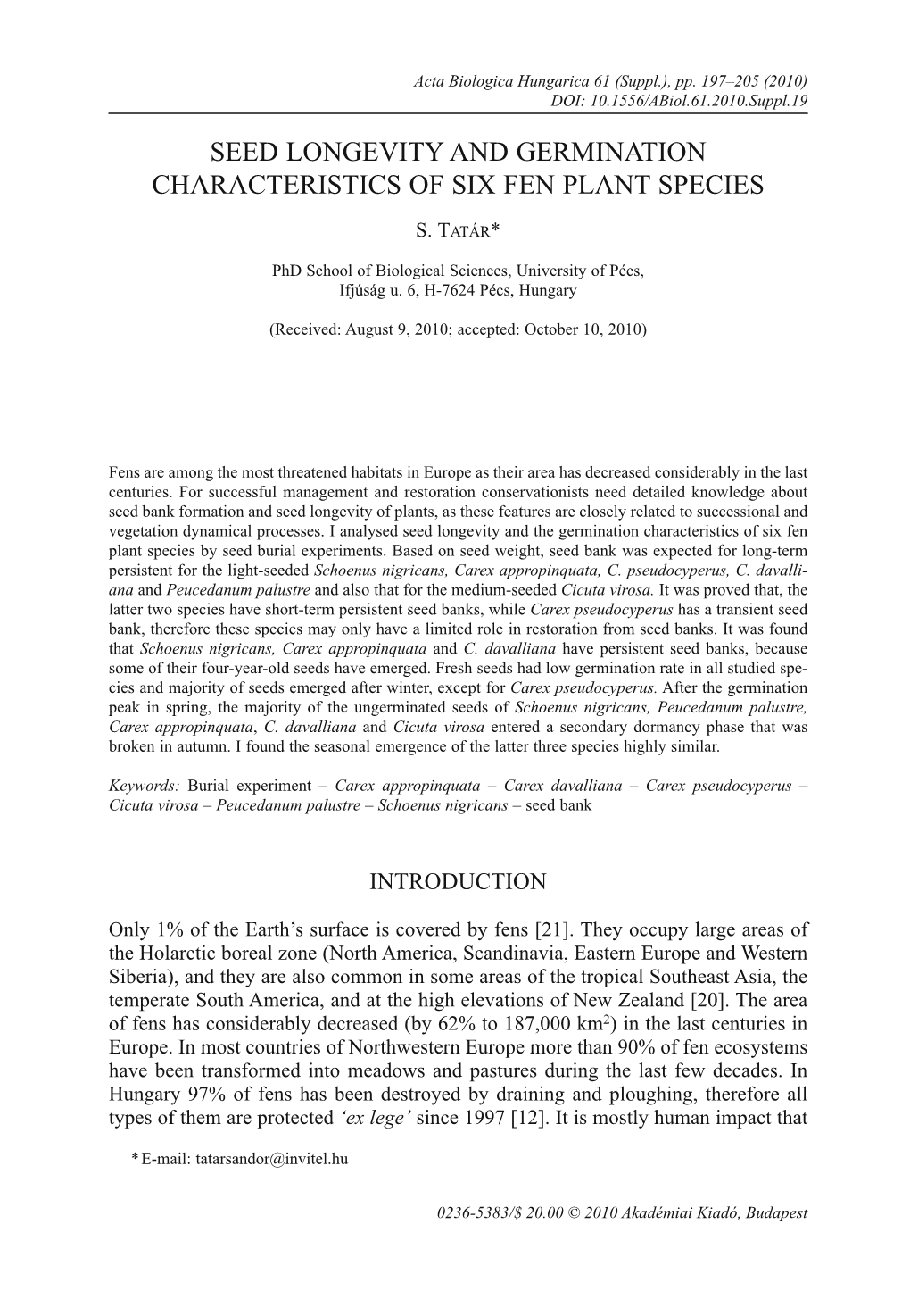 Seed Longevity and Germination Characteristics of Six Fen Plant Species