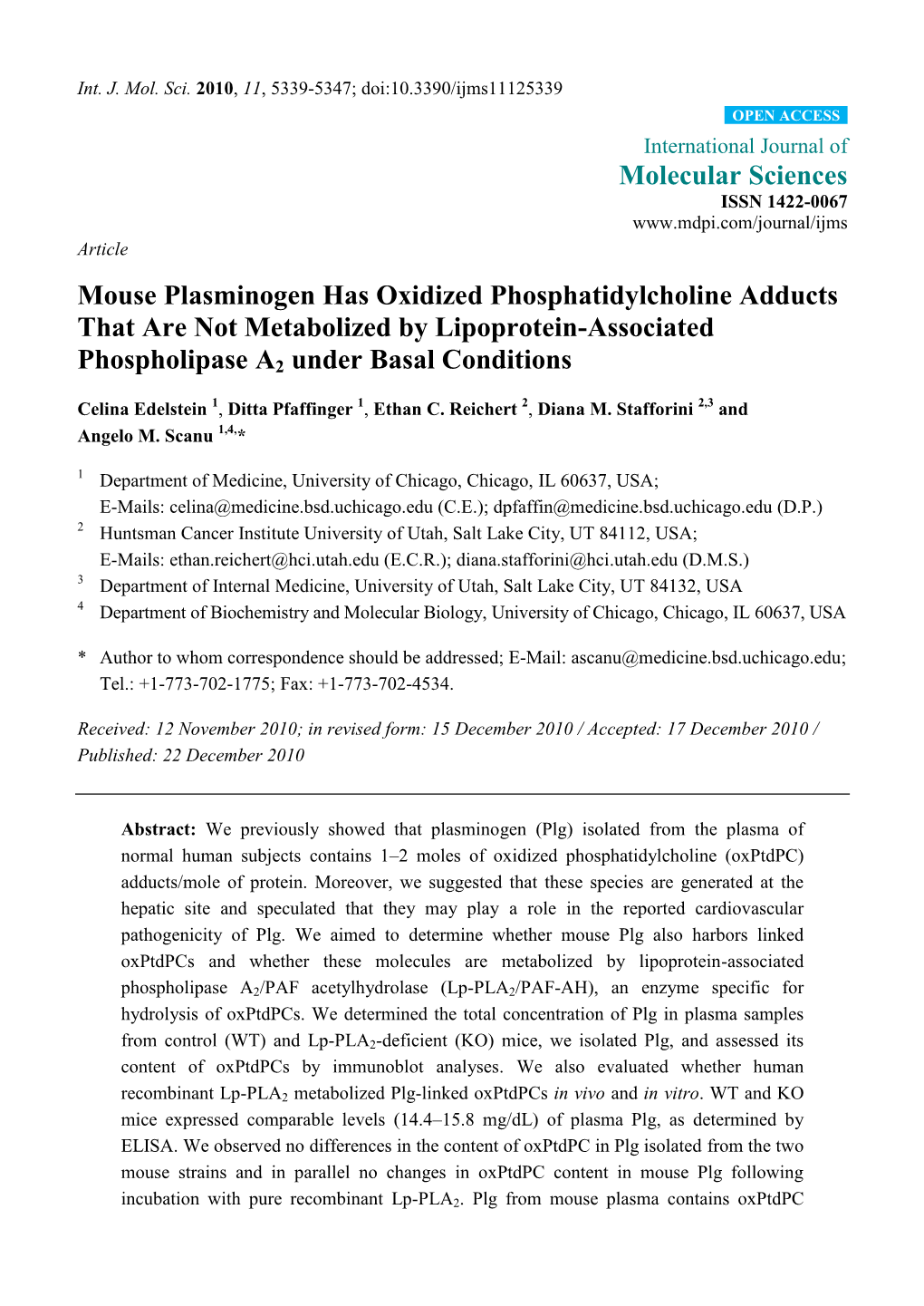 Mouse Plasminogen Has Oxidized Phosphatidylcholine Adducts That Are Not Metabolized by Lipoprotein-Associated Phospholipase A2 Under Basal Conditions