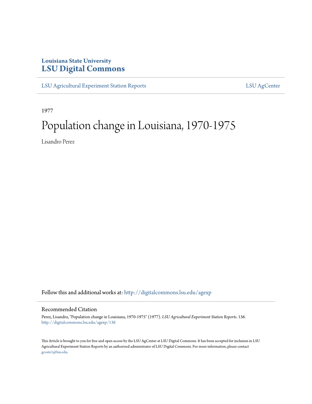 Population Change in Louisiana, 1970-1975 Lisandro Perez