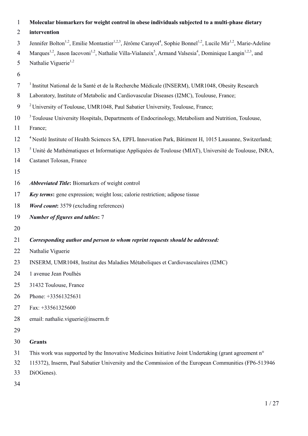 Molecular Biomarkers for Weight Control In