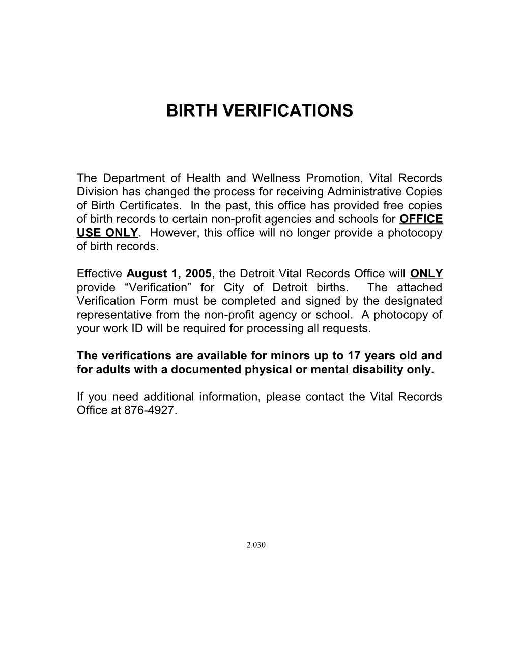 Birth Verifications