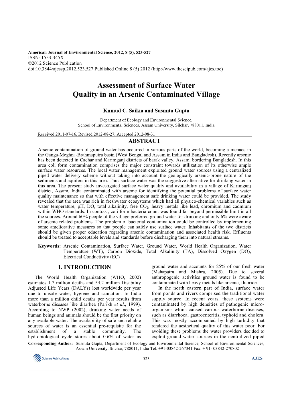 Assessment of Surface Water Quality in an Arsenic Contaminated Village