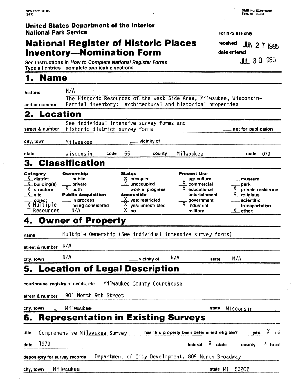 National Register of Historic Places Inventory Nomination Form the Historic Resources of the Continuation Sheet West Side Area, Milw., WI Item Number 6 Page