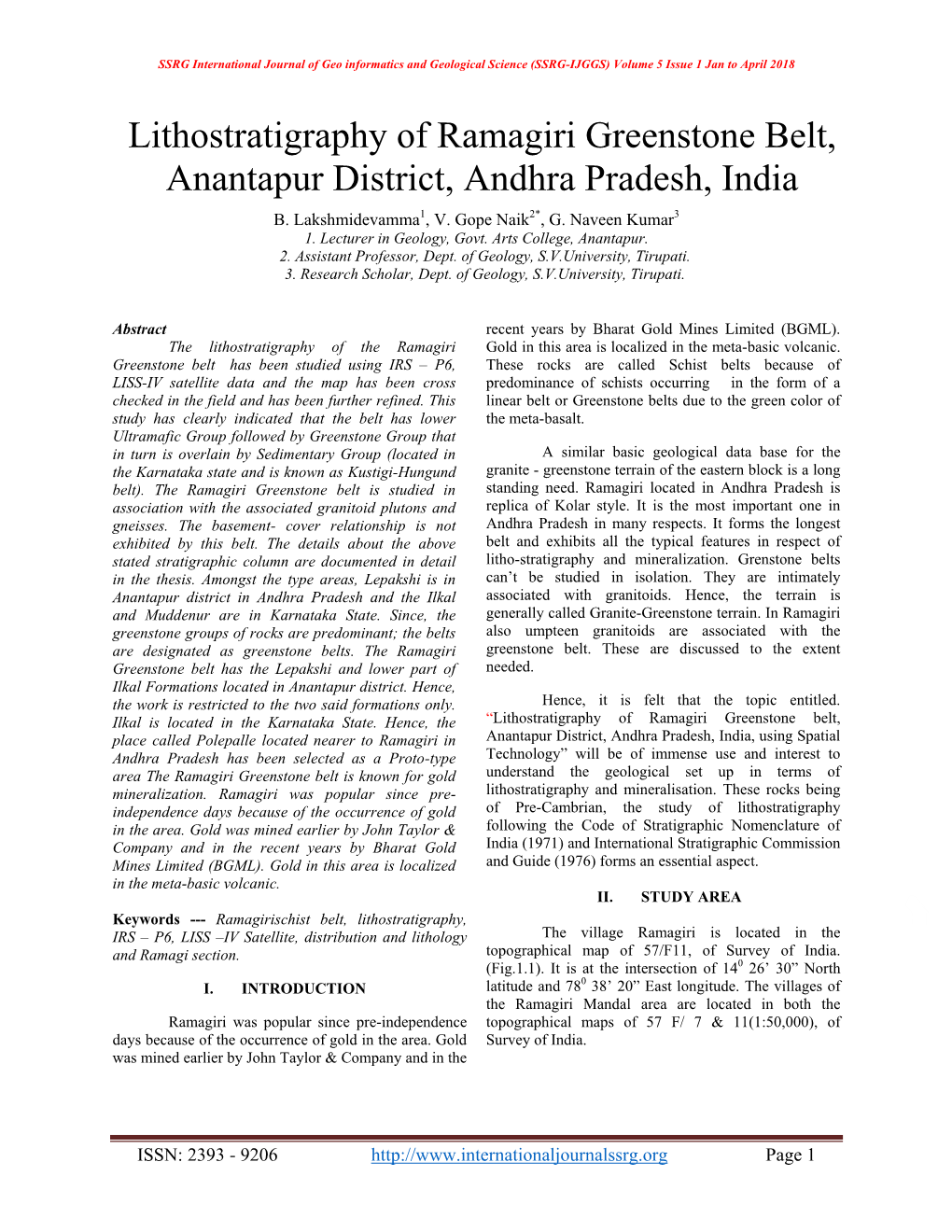 Lithostratigraphy of Ramagiri Greenstone Belt, Anantapur District, Andhra Pradesh, India