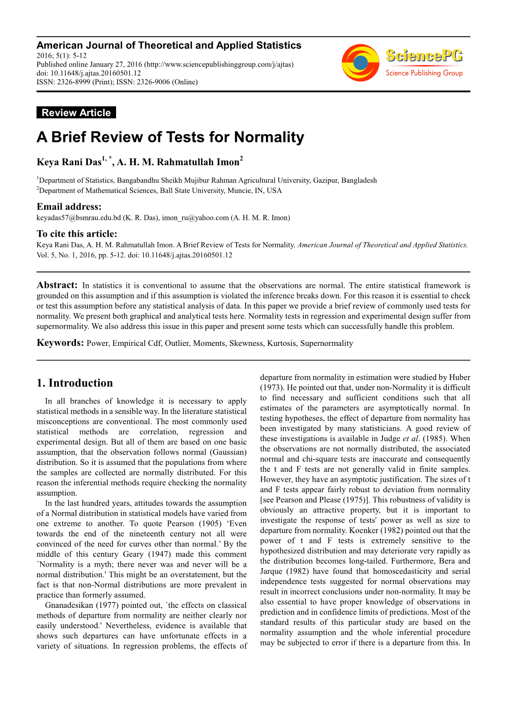 A Brief Review of Tests for Normality