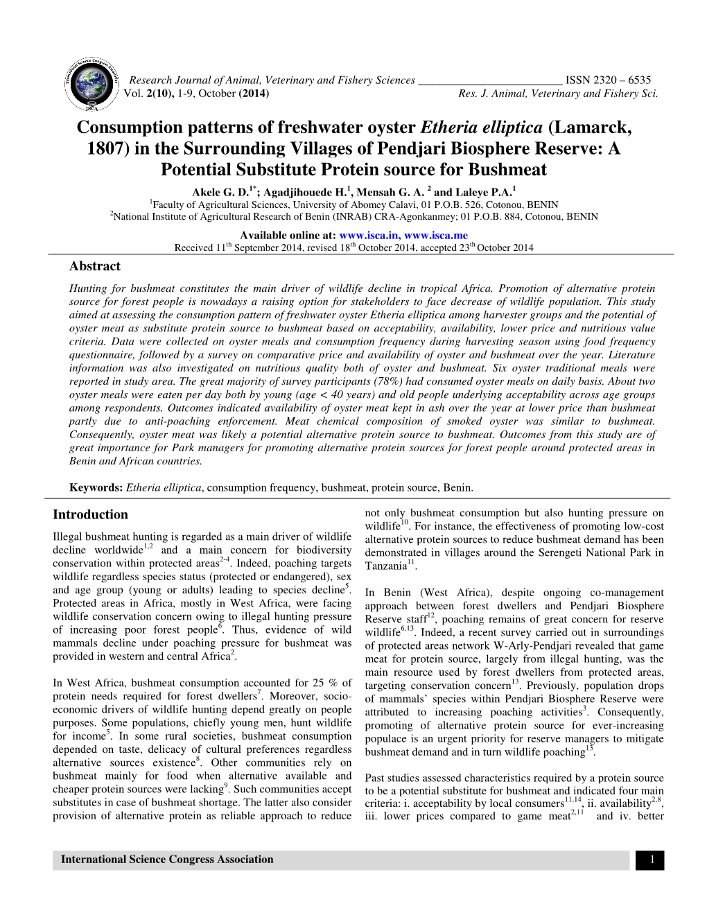 Consumption Patterns of Freshwater Oyster Etheria Elliptica (Lamarck, 1807) in the Surrounding Villages of Pendjari Biosphere Re