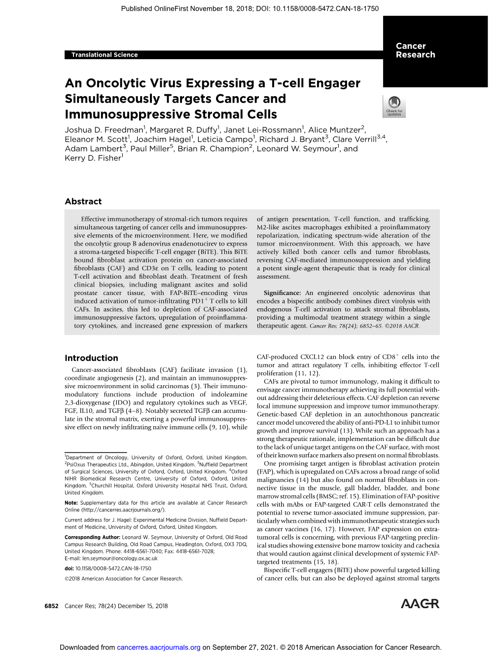 An Oncolytic Virus Expressing a T-Cell Engager Simultaneously Targets Cancer and Immunosuppressive Stromal Cells Joshua D