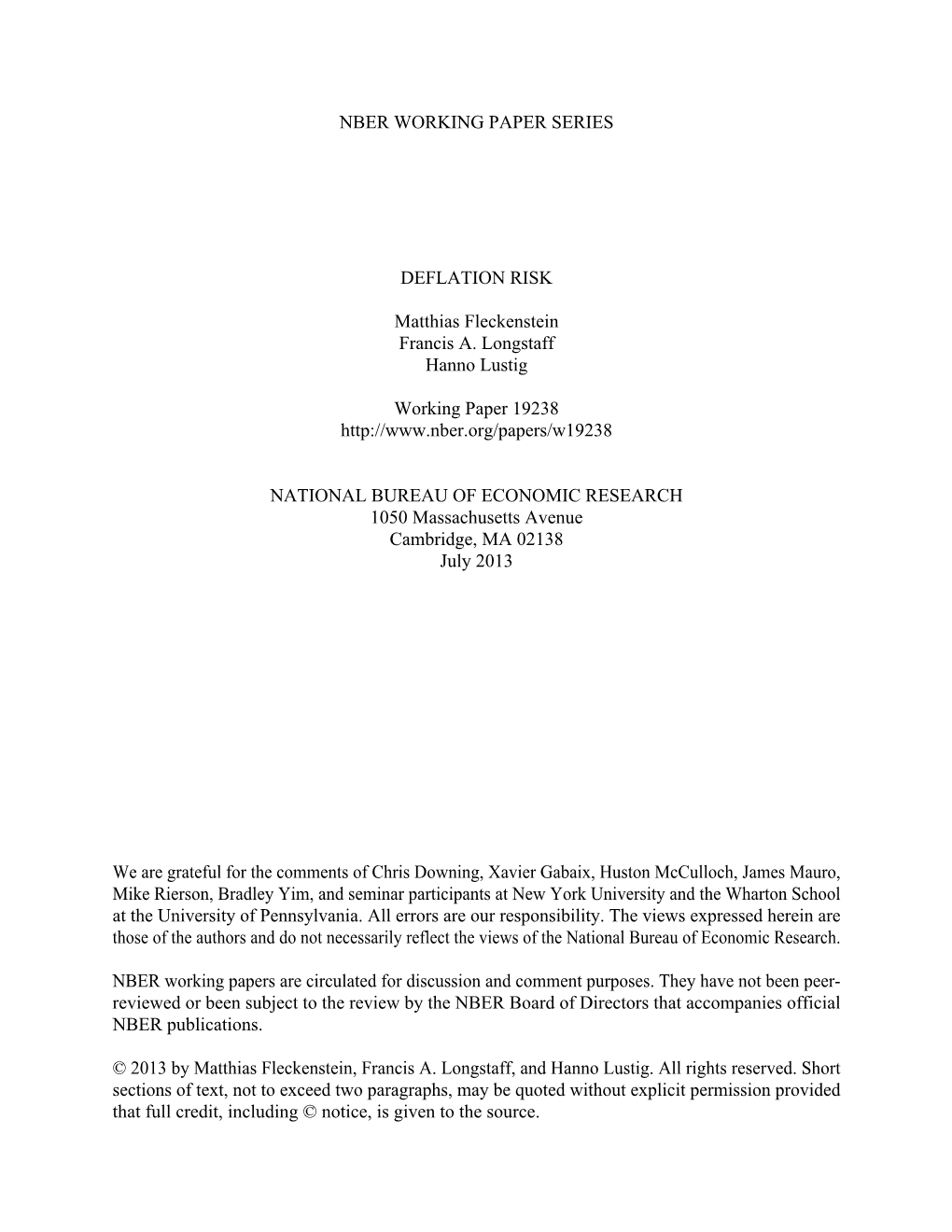 NBER WORKING PAPER SERIES DEFLATION RISK Matthias