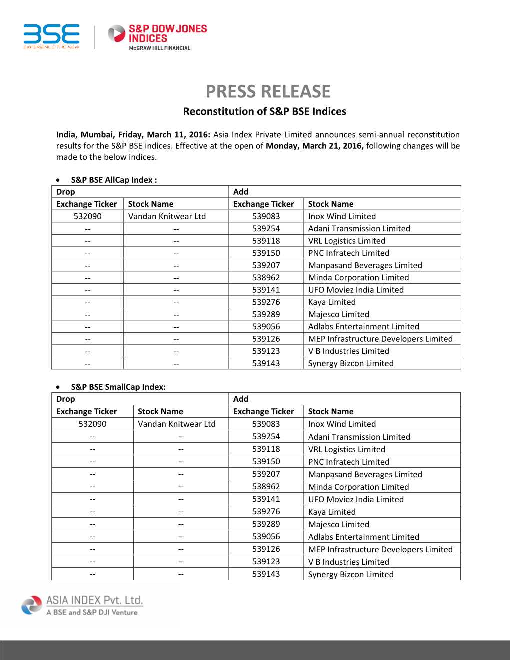 PRESS RELEASE Reconstitution of S&P BSE Indices