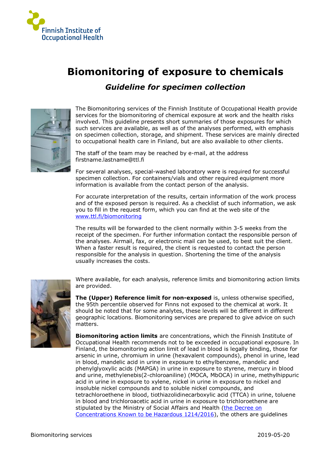 Biomonitoring of Exposure to Chemicals Guideline for Specimen Collection