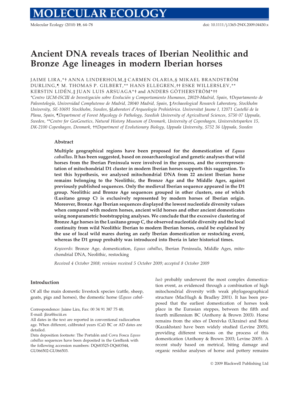 Ancient DNA Reveals Traces of Iberian Neolithic and Bronze Age Lineages in Modern Iberian Horses