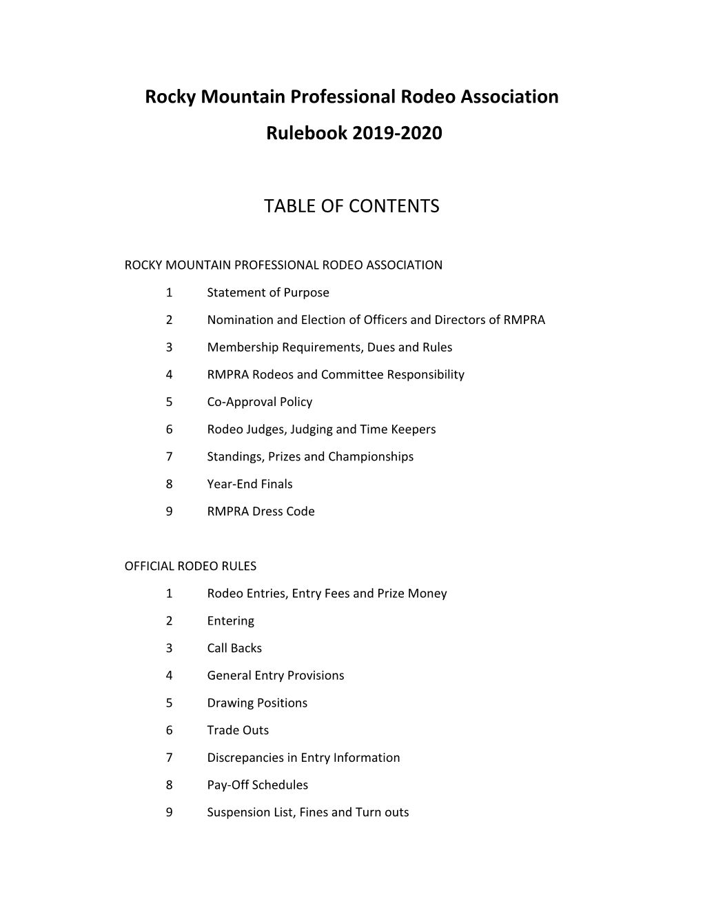 Rocky Mountain Professional Rodeo Association Rulebook 2019-2020