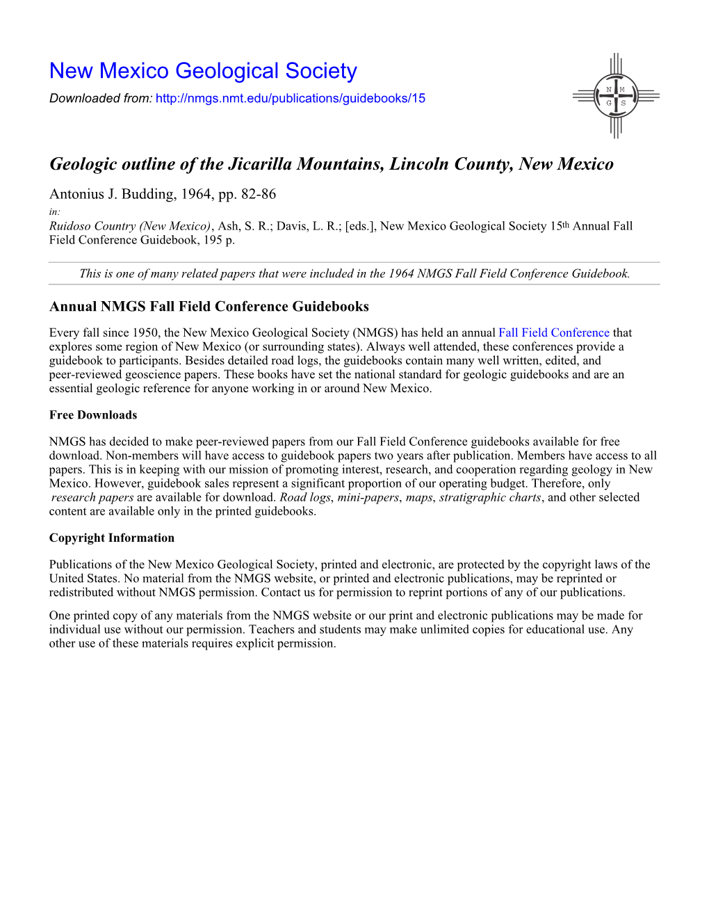 Geologic Outline of the Jicarilla Mountains, Lincoln County, New Mexico Antonius J