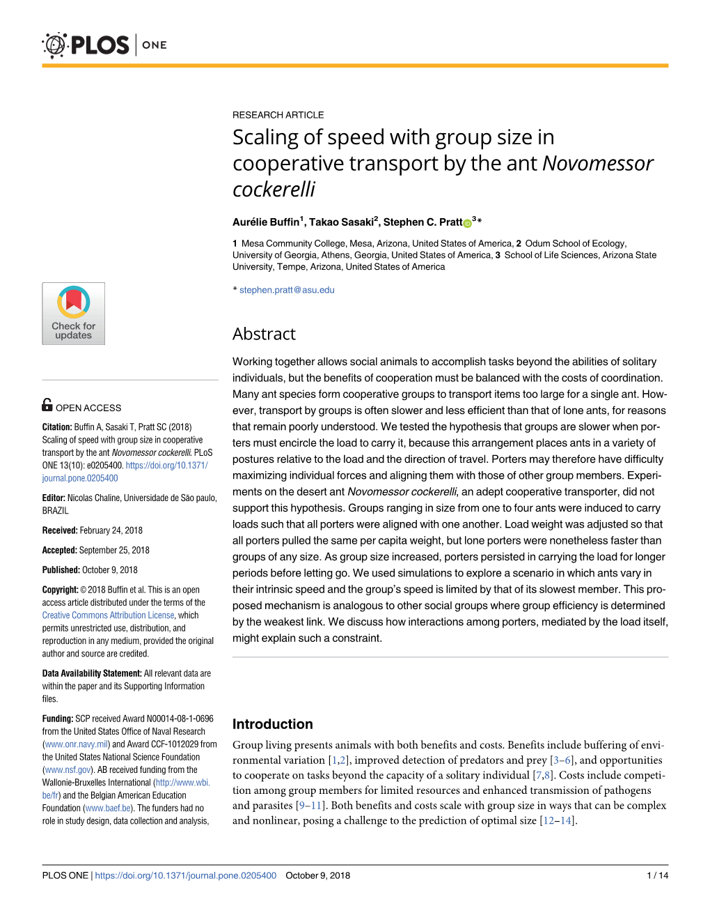 Scaling of Speed with Group Size in Cooperative Transport by the Ant Novomessor Cockerelli