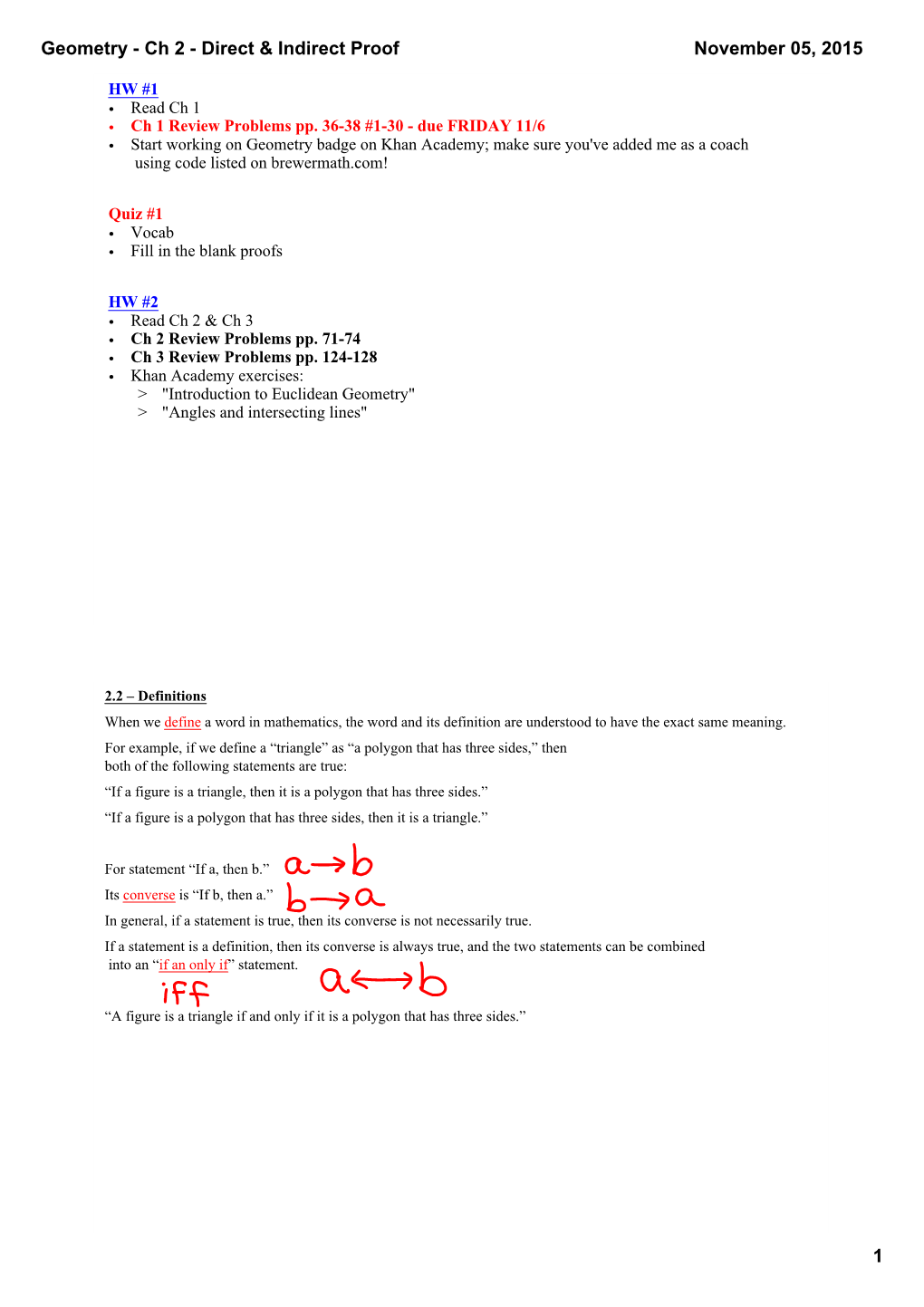 Geometry Ch 2 Direct & Indirect Proof 1 November 05, 2015