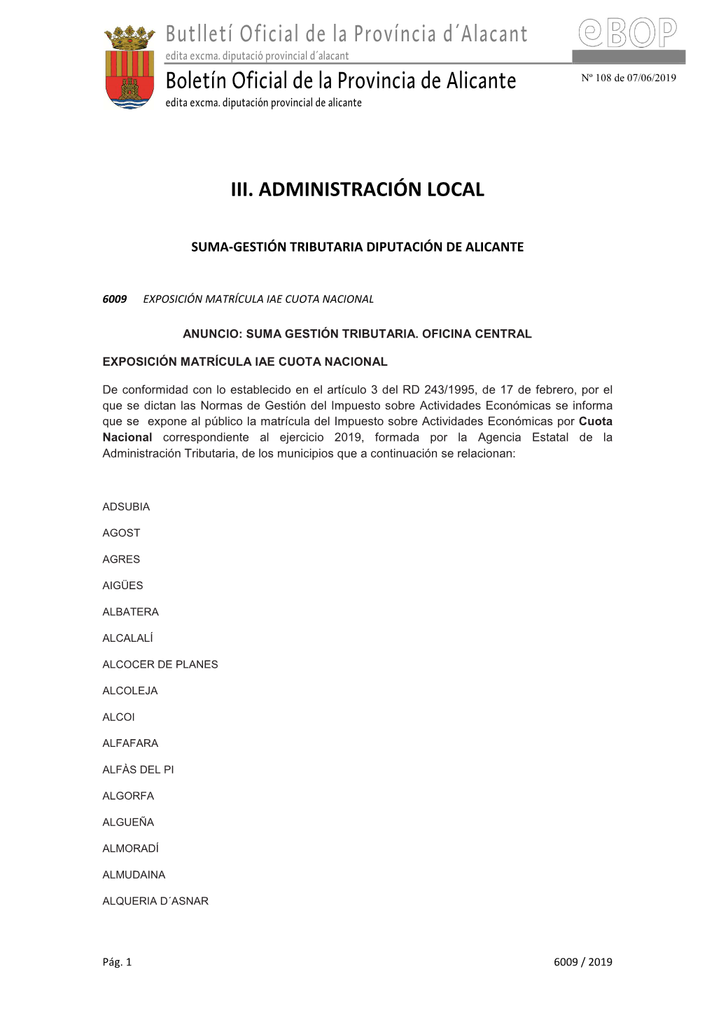 Butlletí Oficial De La Província D´Alacant Boletín Oficial De La