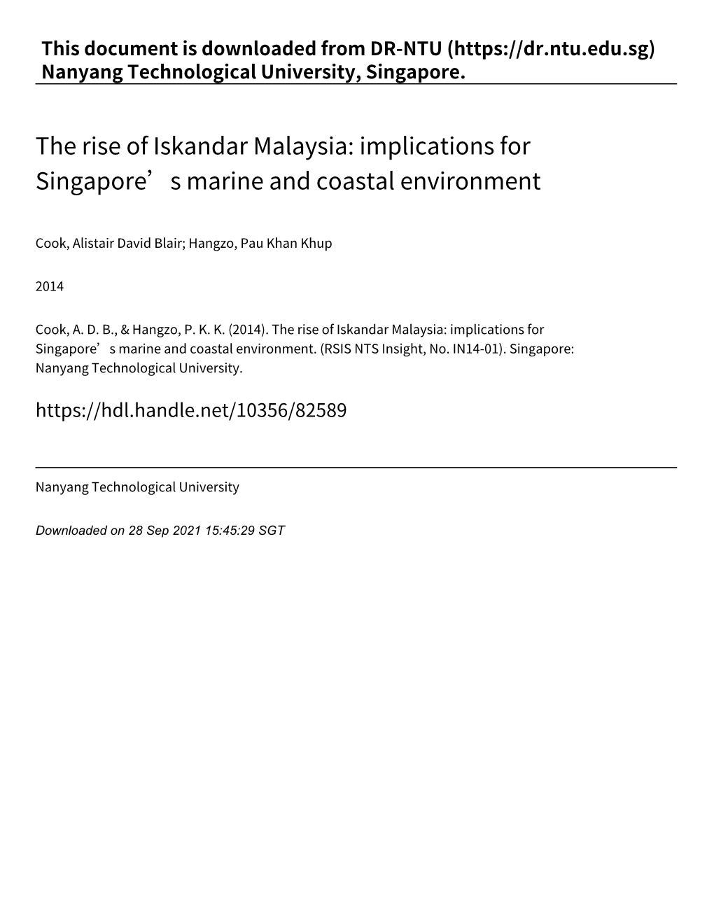 The Rise of Iskandar Malaysia: Implications for Singapore’S Marine and Coastal Environment