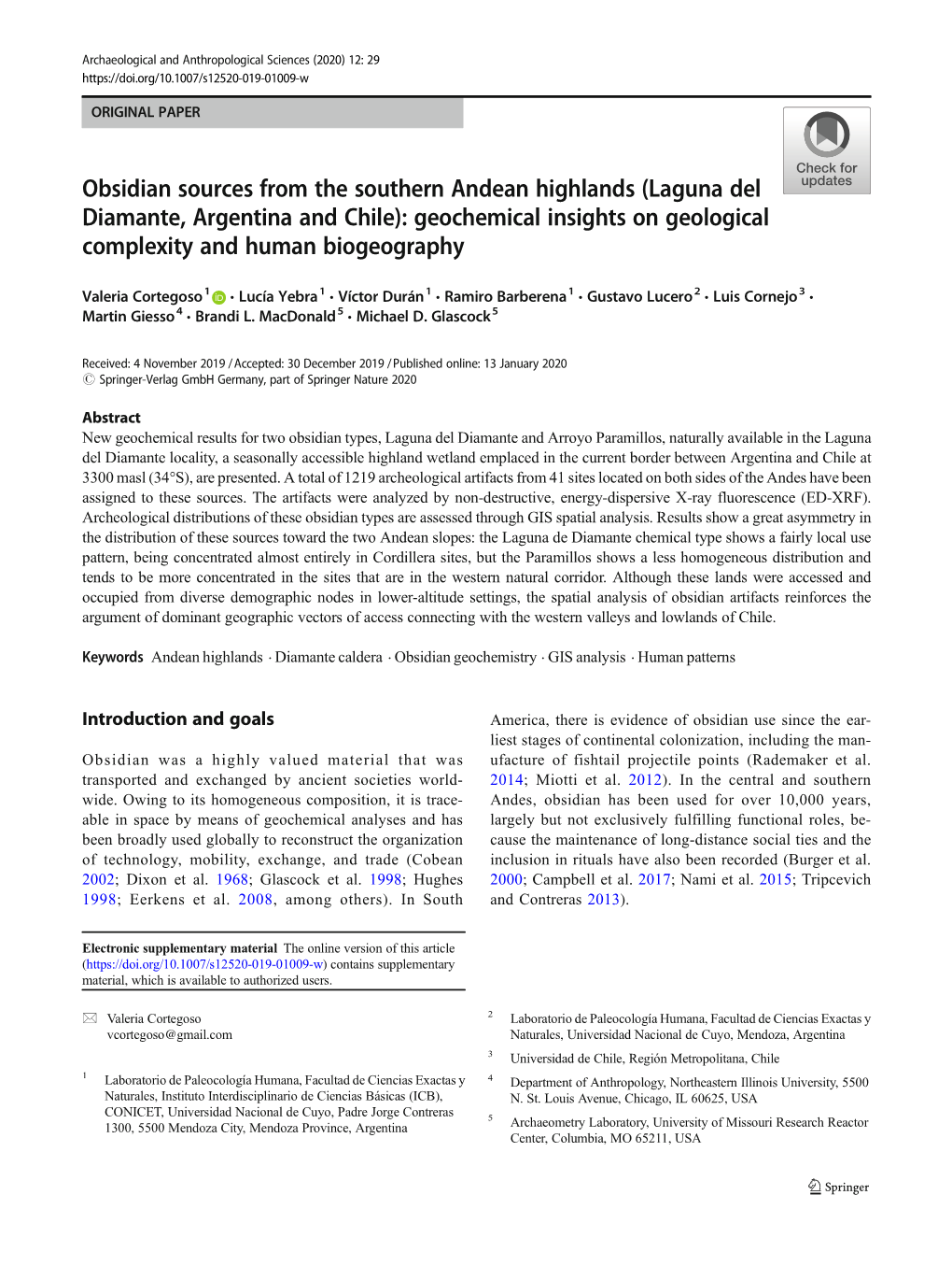 Obsidian Sources from the Southern Andean Highlands (Laguna Del Diamante, Argentina and Chile): Geochemical Insights on Geological Complexity and Human Biogeography