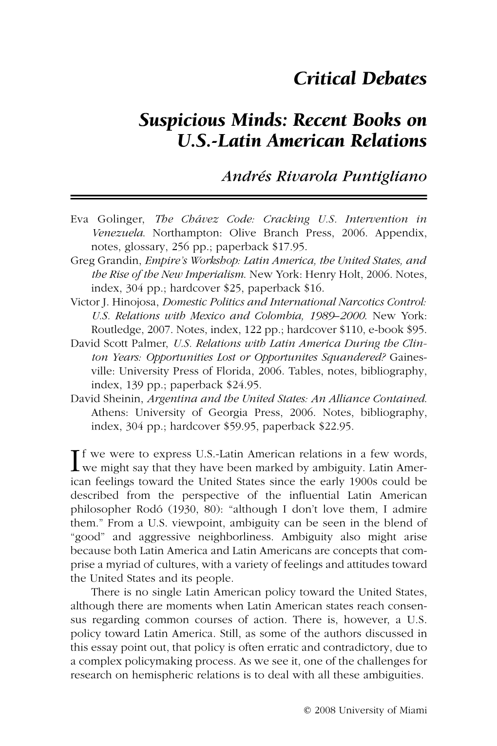 Suspicious Minds: Recent Books on U.S.-Latin American Relations