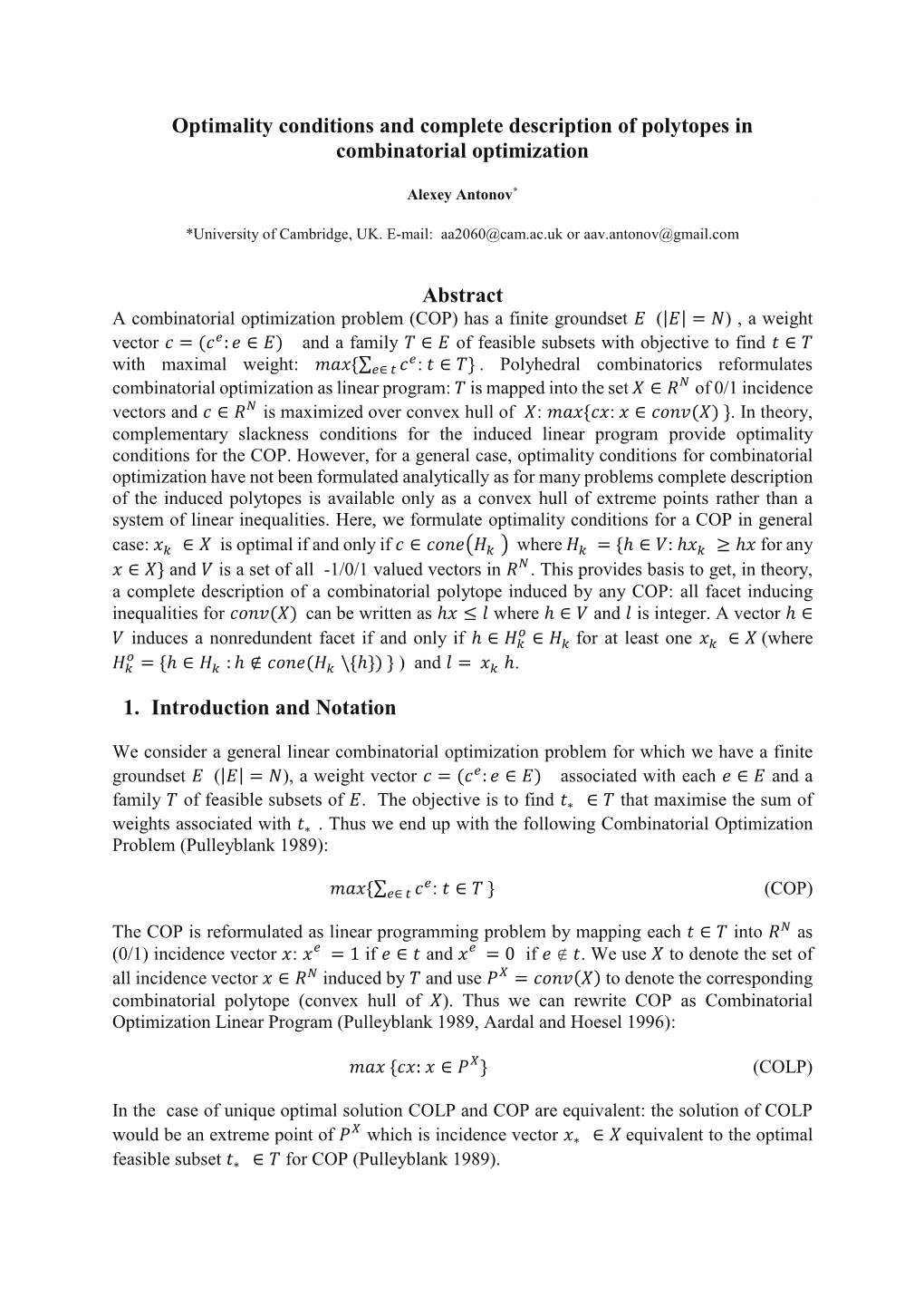 Optimality Conditions and Complete Description of Polytopes in Combinatorial Optimization