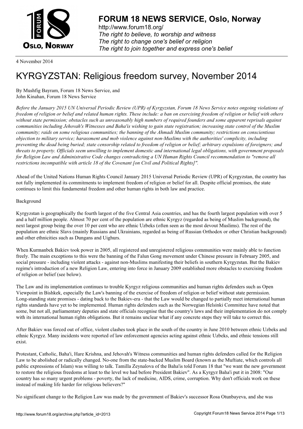 KYRGYZSTAN: Religious Freedom Survey, November 2014