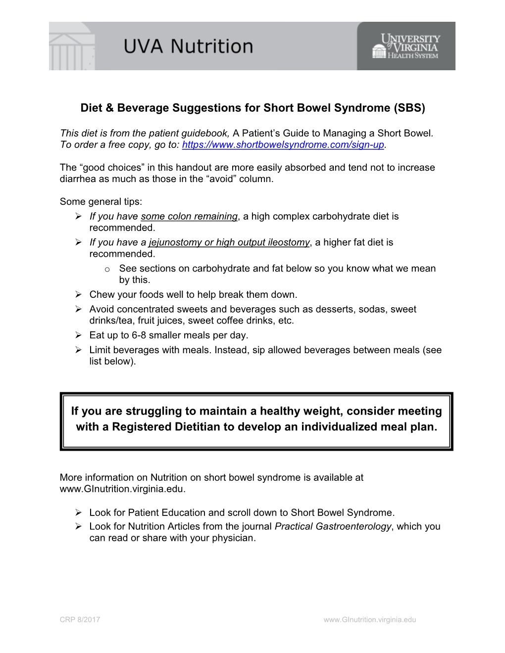Diet & Beverage Suggestions for Short Bowel Syndrome (SBS)