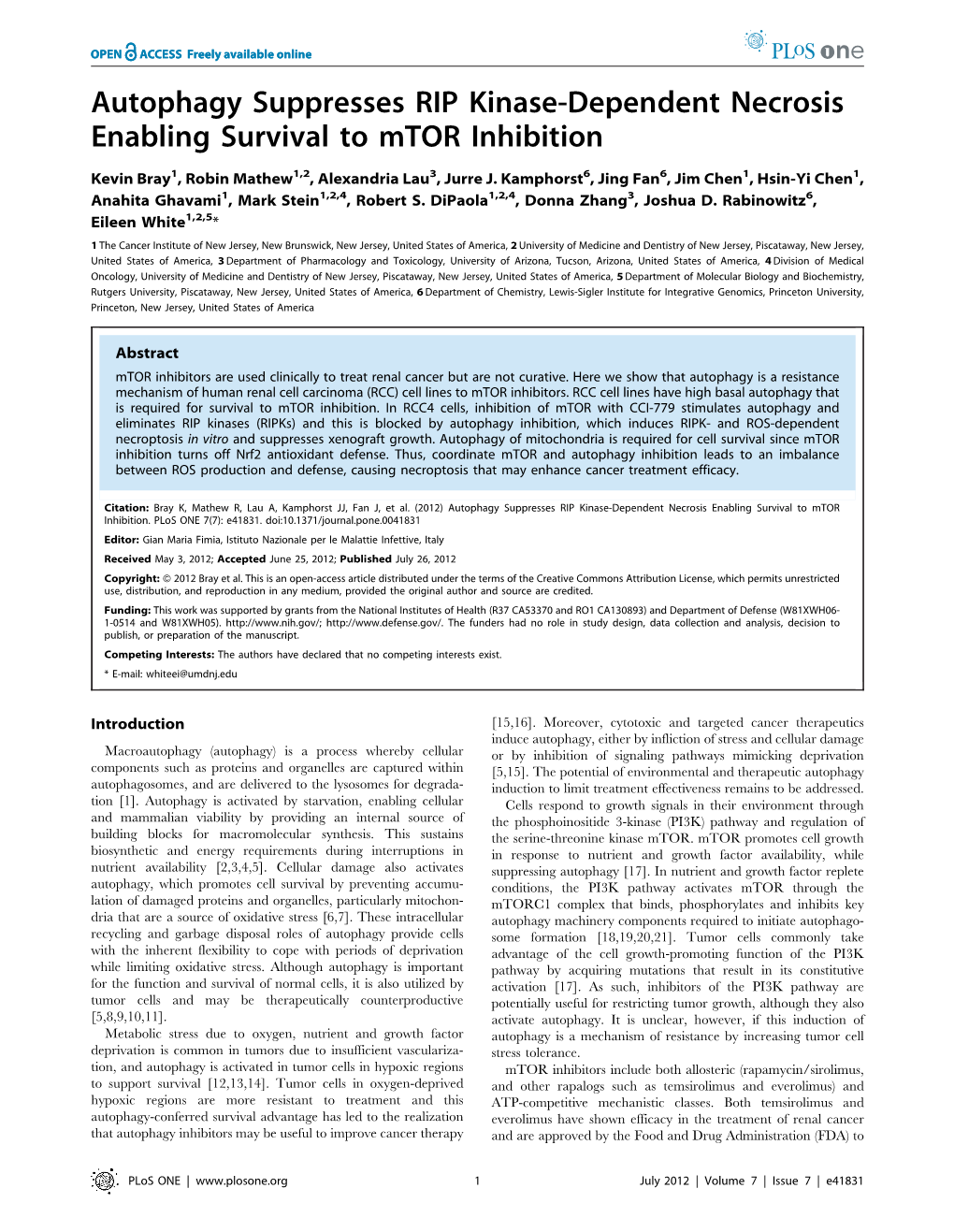 Autophagy Suppresses RIP Kinase-Dependent Necrosis Enabling Survival to Mtor Inhibition