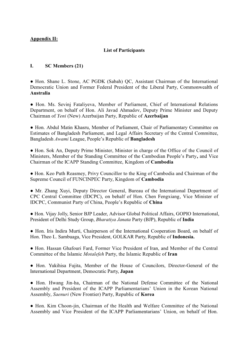 List of Participants I. SC Members (21) Hon. Shane L. Stone, AC PGDK