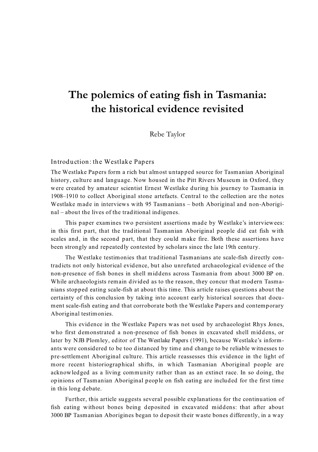 The Polemics of Eating Fish in Tasmania: the Historical Evidence Revisited