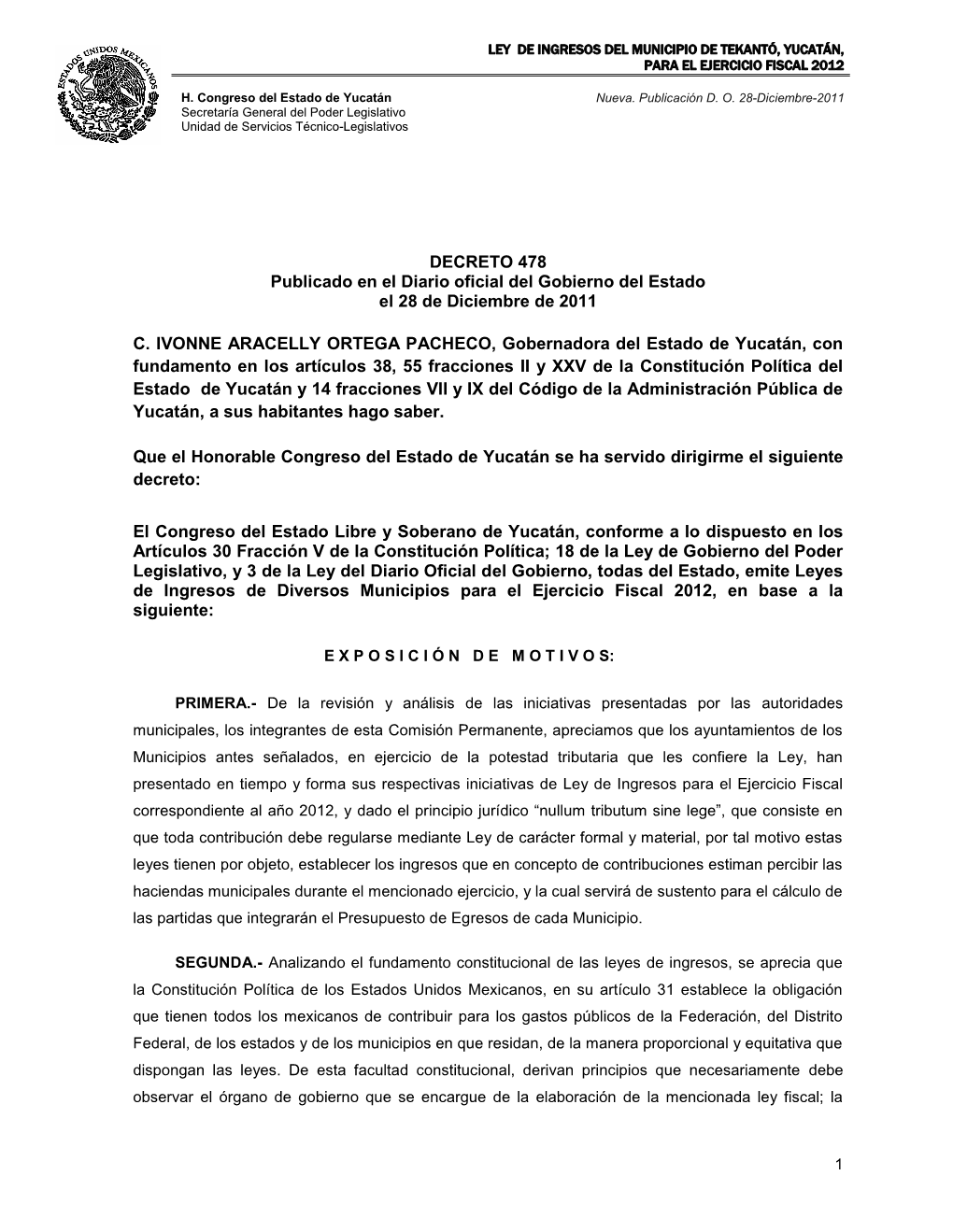 DECRETO 478 Publicado En El Diario Oficial Del Gobierno Del Estado El 28 De Diciembre De 2011