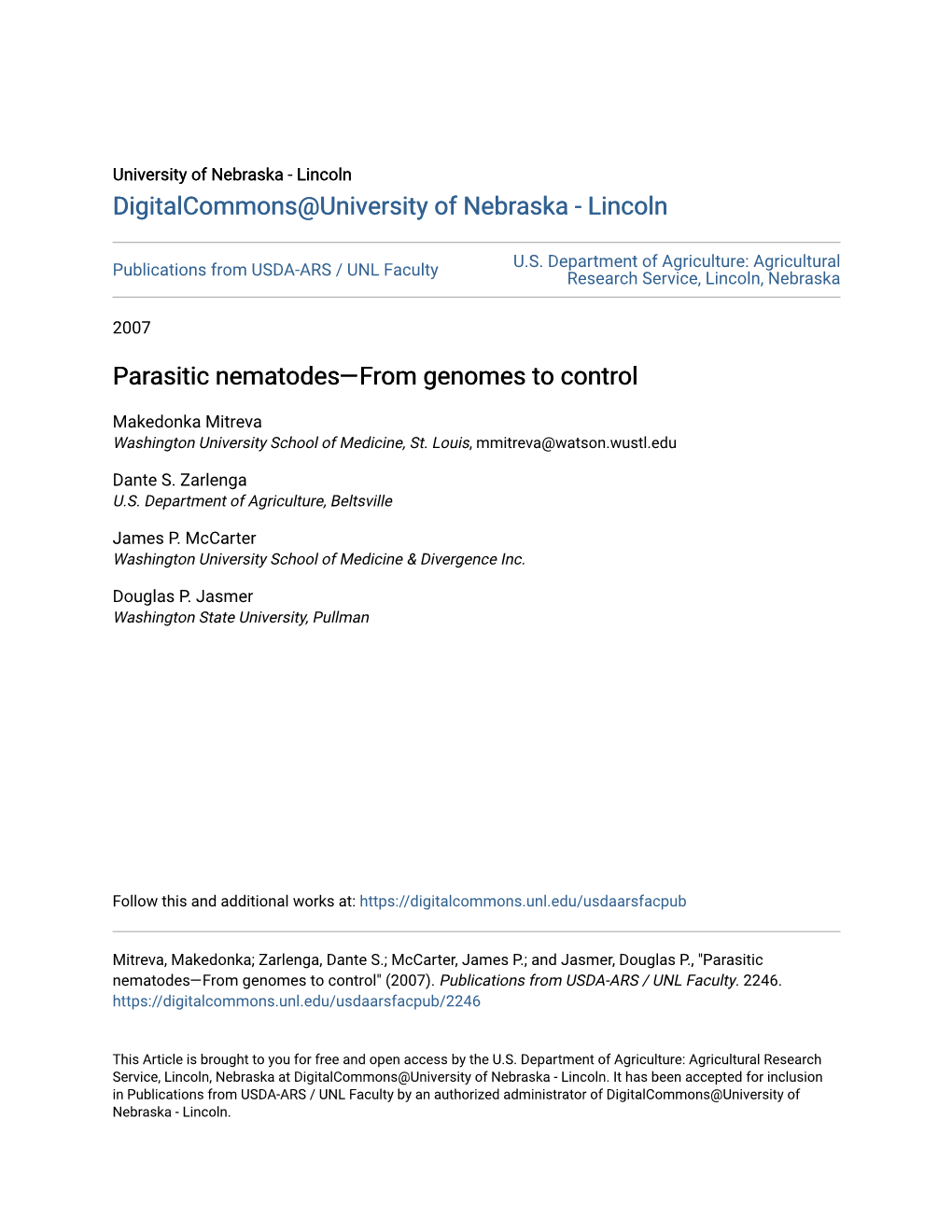 Parasitic Nematodes—From Genomes to Control
