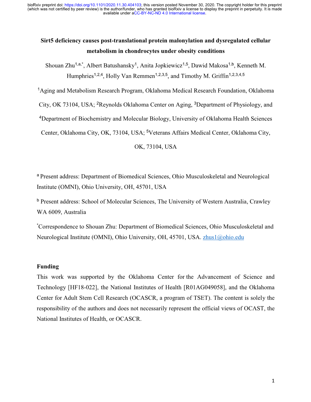 Sirt5 Deficiency Causes Post-Translational Protein Malonylation and Dysregulated Cellular Metabolism in Chondrocytes Under Obesity Conditions