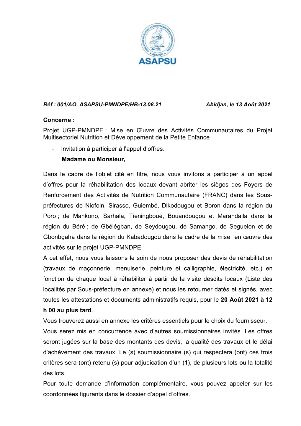 Concerne : Projet UGP-PMNDPE : Mise En Œuvre Des Activités Communautaires Du Projet Multisectoriel Nutrition Et Développement De La Petite Enfance