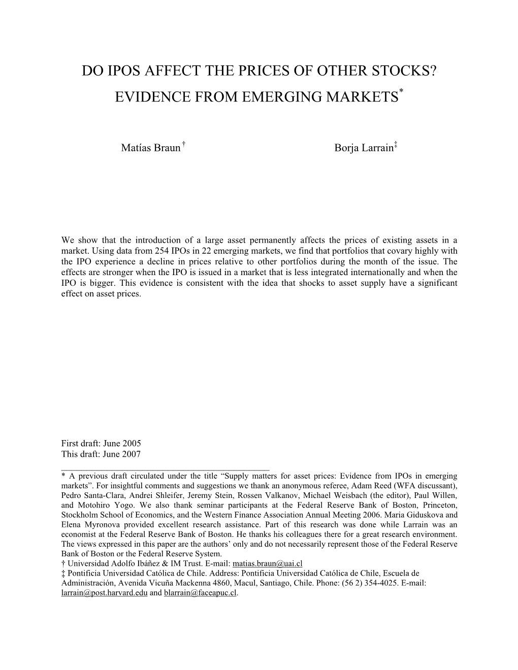 Do Ipos Affect the Prices of Other Stocks? Evidence from Emerging Markets*