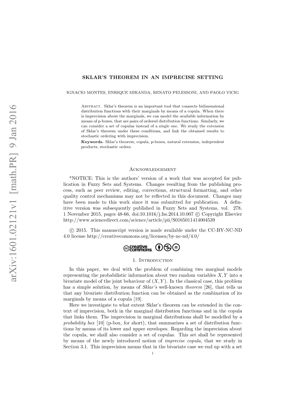 Arxiv:1601.02121V1 [Math.PR] 9 Jan 2016 Bivariate Model of the Joint Behaviour of (X,Y )