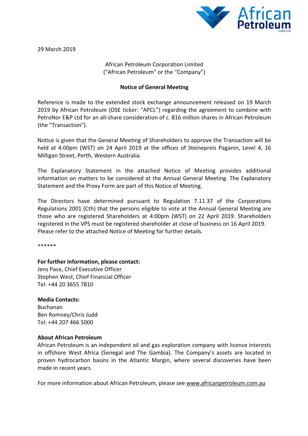29 March 2019 African Petroleum Corporation Limited