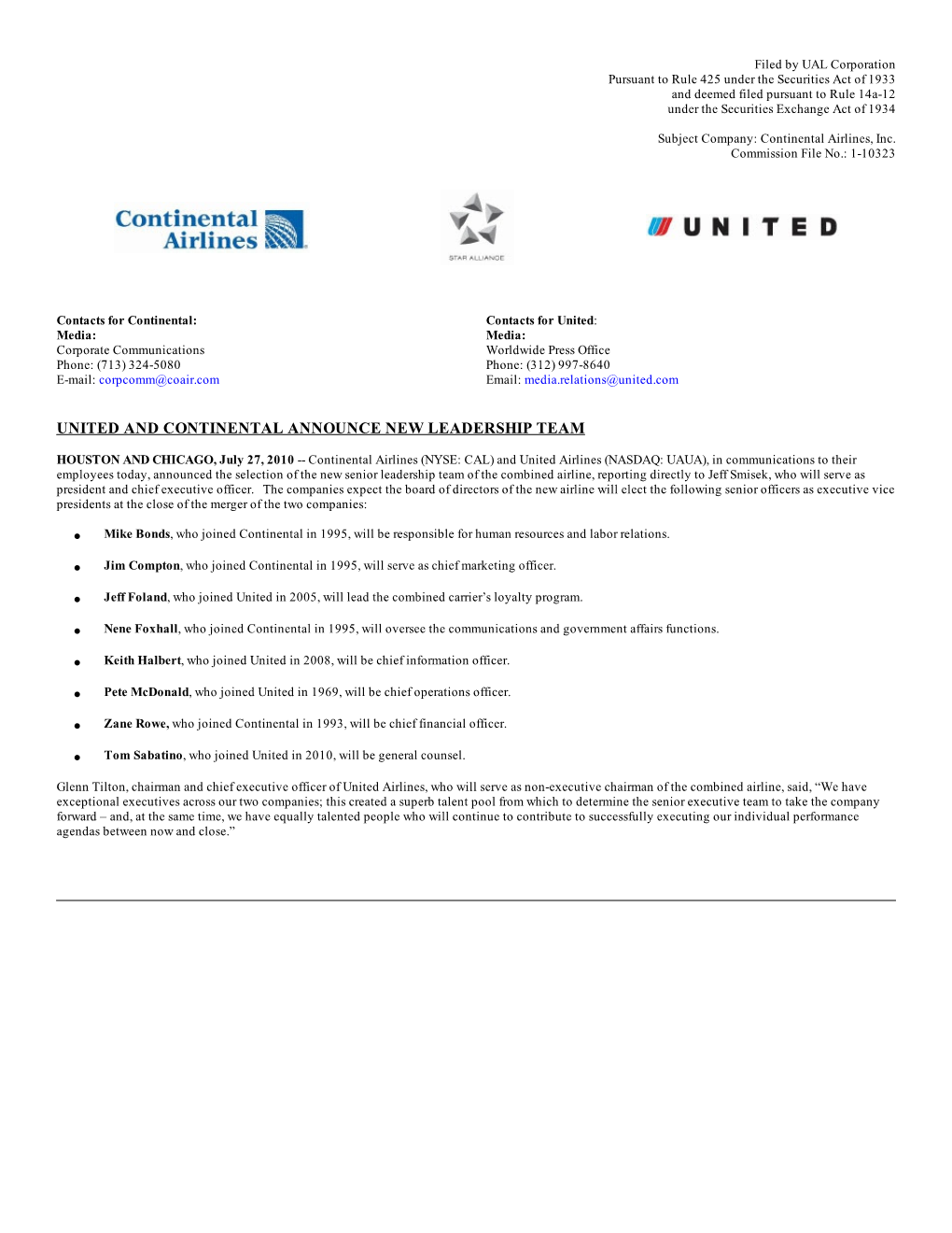 United and Continental Announce New Leadership Team